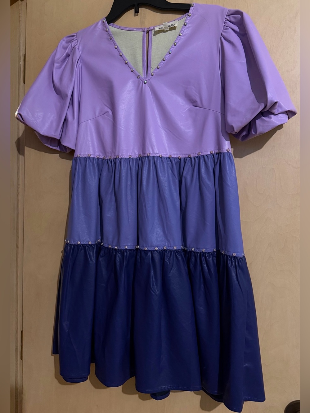 Peach Love California shades of purple faux leather dress Sz S, exc. cond.